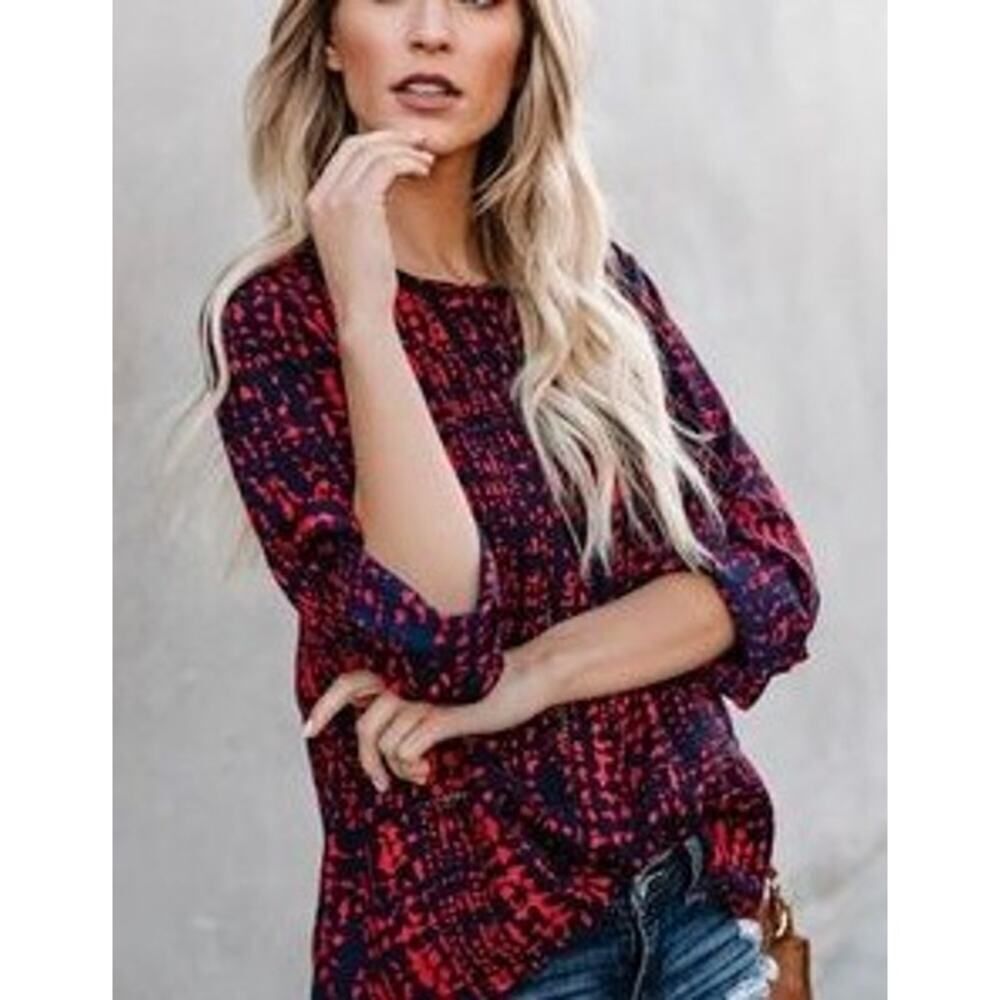VICI Red Blue Splatter Eyelet Panel Oversized Long Sleeve Blouse Women’s L